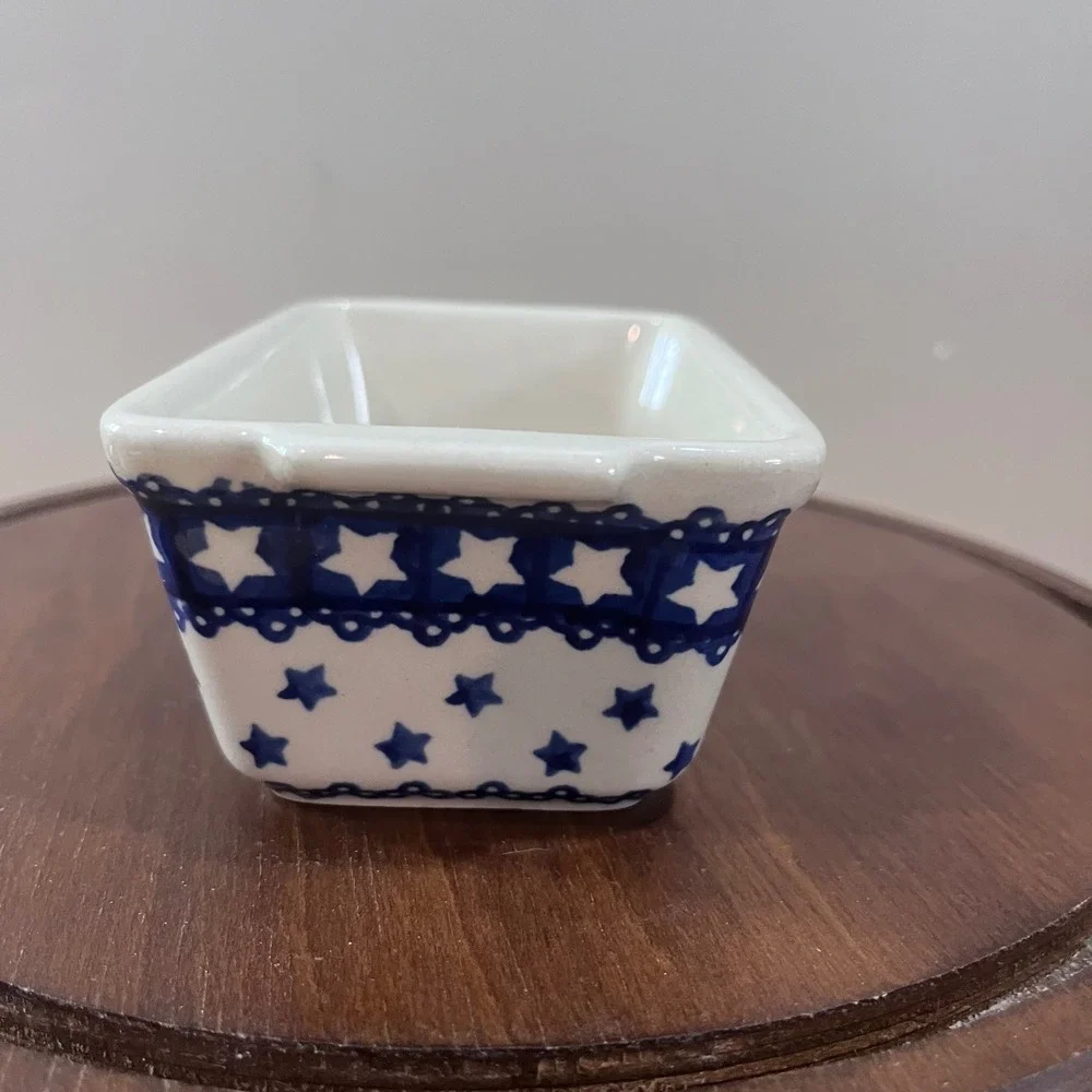 Ceramika Boleslawiec‎ Polish Pottery Mini Loaf Pan Blue White Stars Vtg Folk Art